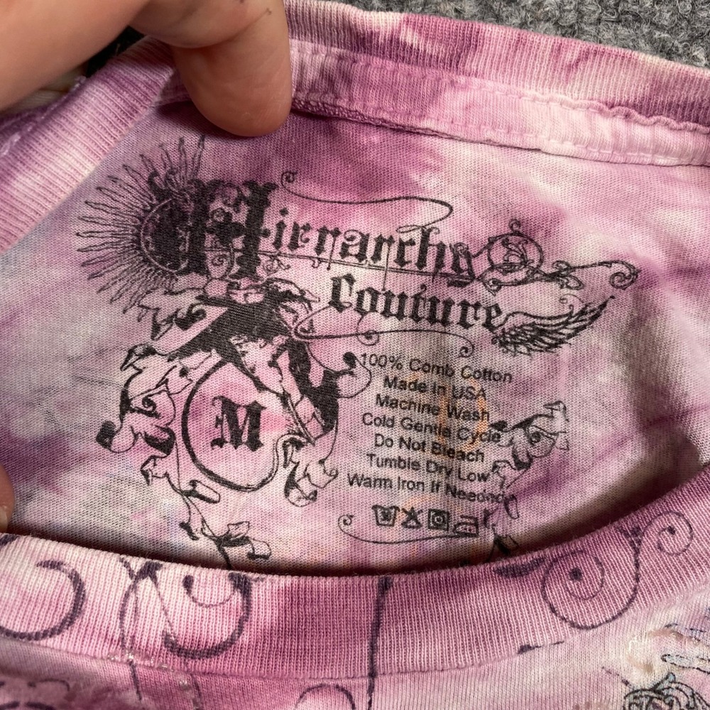 Hierarchy Couture Pink Tie Dye Angel Wings Roses Graphic Tee Shirt Womens Medium - Picture 5 of 6